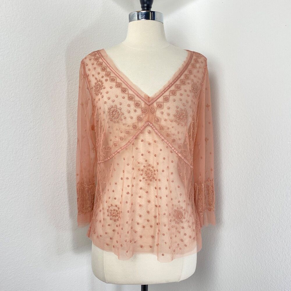 Betty Barclay Pink Sheer Blouse Large Mesh Embroidery Long Sleeves Whimsy Fairy